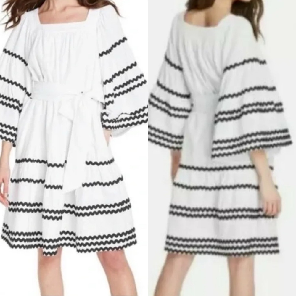 Lisa Marie Fernandez Flare Sleeve White & Black Ric Rac Women's Dress Size‎ XS